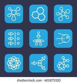 molecular icon. Set of 9 outline molecular icons such as atom, atom move, core