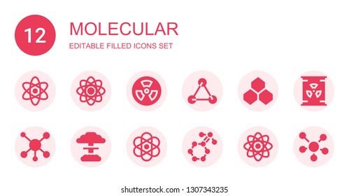 molecular icon set. Collection of 12 filled molecular icons included Science, Atom, Nuclear, Molecules, Benzene, Molecule, Atomic, Physics