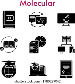 molecular icon set. included feedback, tablet, ebook, test, homework, school, training, microscope icons. filled styles.