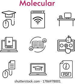 molecular icon set. included feedback, audiobook, desktop, pdf, test, learn, elearning, click icons. linear styles.