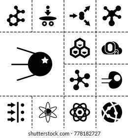 Molecular icons. set of 13 editable filled molecular icons such as atom, atom move, core, o2 oxygen