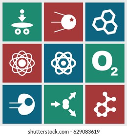 Molecular icons set. set of 9 molecular filled icons such as atom, atom move, core, chemical structure