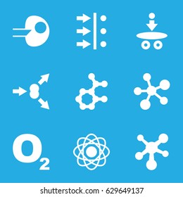 Molecular icons set. set of 9 molecular filled icons such as atom, atom move, core