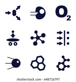 Molecular icons set. set of 9 molecular filled icons such as atom move, core, atom, chemical structure