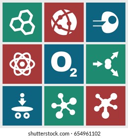 Molecular icons set. set of 9 molecular filled icons such as atom, atom move, core, chemical structure