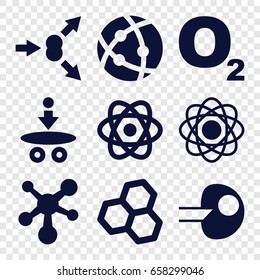 Molecular icons set. set of 9 molecular filled icons such as atom, atom move, core, chemical structure