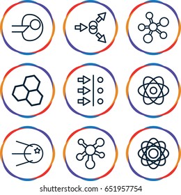 Molecular icons set. set of 9 molecular outline icons such as atom, atom move, core