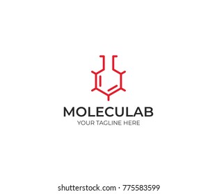 Molecular Lab Logo Template. Skeletal Molecular Structure Vector Design. Laboratory Flask Illustration