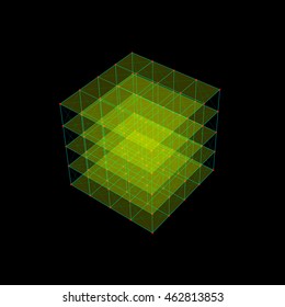 Molecular lattice in form of cube.Isolated on black background. Vector colorful illustration.