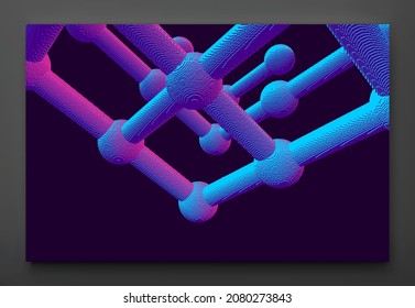 Molecular lattice or nanotechnological structure. Futuristic technology style. Low-poly element for design. Voxel art. 3D vector illustration for science, chemistry or education.