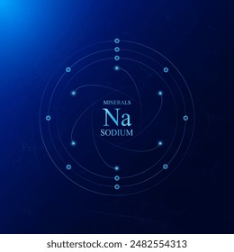 Molecular model atom chemical structure of sodium minerals. On dark blue background. Medical scientific concepts. Vector EPS10 illustration.