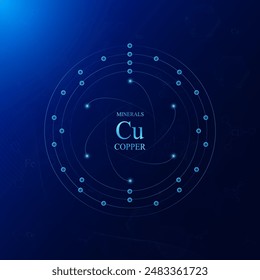 Modelo molecular de la estructura química del átomo de minerales de cobre. Sobre fondo azul oscuro. Conceptos científicos médicos. Ilustración del EPS10 del Vector.