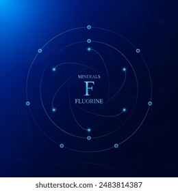 Modelo molecular de la estructura química del átomo de minerales de flúor. Sobre fondo azul oscuro. Conceptos científicos médicos. Ilustración del EPS10 del Vector.