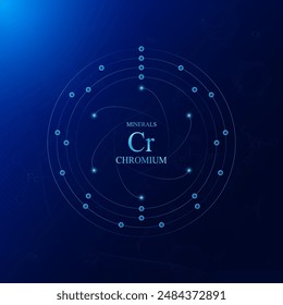 Modelo molecular de la estructura química del átomo de los minerales de cromo. Sobre fondo azul oscuro. Conceptos científicos médicos. Ilustración del EPS10 del Vector.