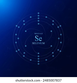 Modelo molecular de la estructura química de los minerales de selenio. Sobre fondo azul oscuro. Conceptos científicos médicos. Ilustración del EPS10 del Vector.