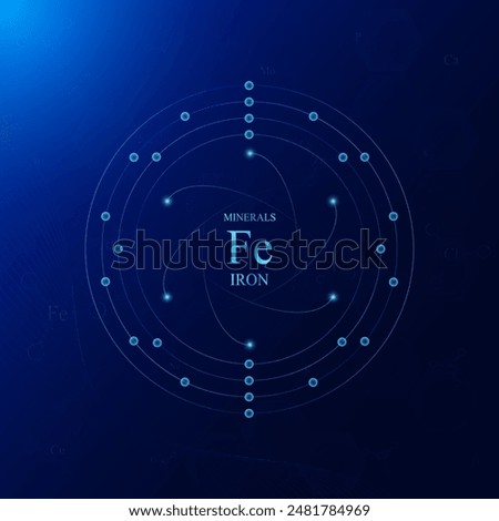 Molecular model atom chemical structure of iron minerals. On dark blue background. Medical scientific concepts. Vector EPS10 illustration.