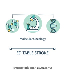 Molecular oncology concept icon. Targeted therapy idea thin line illustration. Cancer treatment. Immunotherapy. Medications. Vector isolated outline RGB color drawing. Editable stroke
