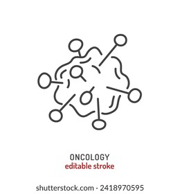 Molecular oncology line pictogram. Branch of medicine symbol. Cancer, tumors study, prevention, investigation concept in outline style. Editable stroke. Vector isolated illustration. White background
