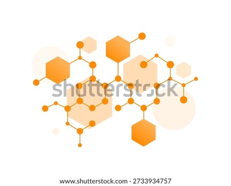 Molecular peptide structure abstract vector illustration depicting hexagon network connections, chemical bonds in orange tones, nanotechnology concept for scientific research, biotech innovation