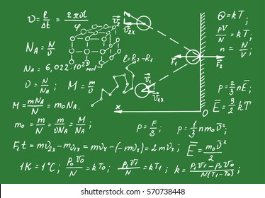 Molecular Physical equations and formulas on school board. Vector hand-drawn illustration. Scientific and educational background.