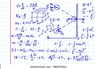Molecular Physical equations and formulas on whiteboard. Vector hand-drawn illustration. Scientific and educational background.