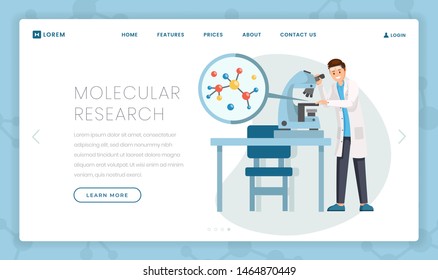 Molecular research flat landing page template. Cartoon scientist studying molecule structure in microscope. Hi-tech lab equipment for virology, bacteriology test programs promo webpage design