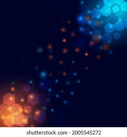 Molecular sciecnce and technology abstract concept. Chemical structure background.Illustrator hexagon with orange and blue light.