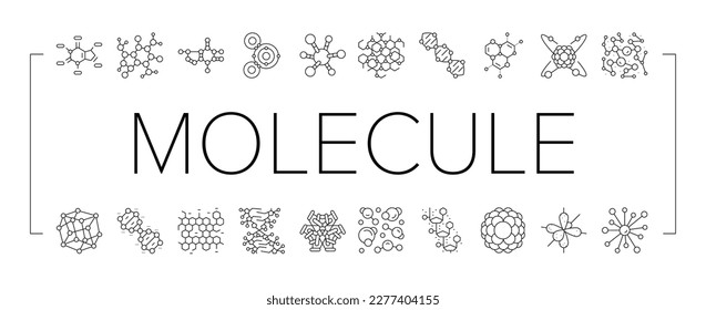 molecular science chemistry atom icons set vector. molecule medical, structure research, technology,cell, biotechnology, medicine molecular science chemistry atom black contour illustrations