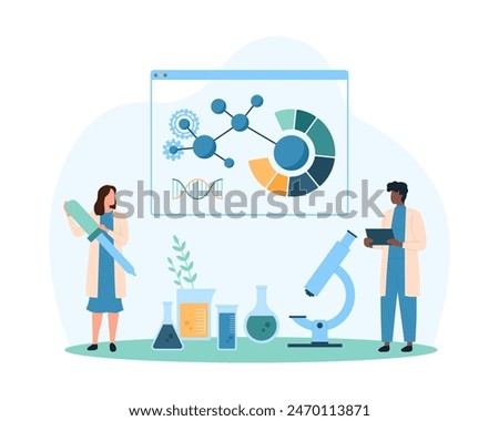Molecular science research in laboratory, genetic analysis. Tiny people study structure of atoms and molecules, DNA model with chemical lab equipment and microscope cartoon vector illustration