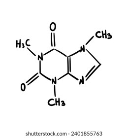 Fórmula química estructural molecular de la cafeína. Ilustración dibujada a mano por vectores.