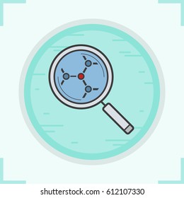 Molecular structure analysis color icons set. Magnifying glass. Isolated vector illustration