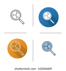Molecular structure analysis icon. Flat design, linear and color styles. Magnifying glass. Isolated vector illustrations