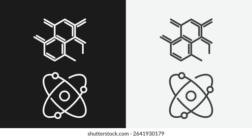 Molecular Structure and Atom on Black and White Backgrounds, Representing Biochemistry or Science, White Outline Icons
