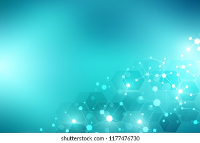 Molecular structure background and communication. Abstract background with molecule DNA and neural network. Artificial intelligence. Science and technology concept with connected lines and dots