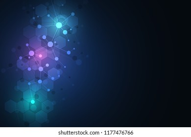 Molecular structure background and communication. Abstract background with molecule DNA and neural network. Artificial intelligence. Science and technology concept with connected lines and dots