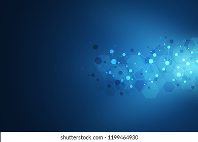 Molecular structure background and communication. Abstract background with molecule DNA and neural network. Artificial intelligence. Science and technology concept with connected lines and dots