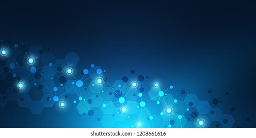 Molecular structure background and communication. Abstract background with molecule DNA and neural network. Artificial intelligence. Science and technology concept with connected lines and dots