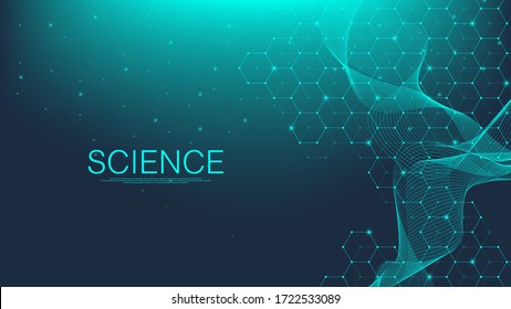 Molecular structure background. Science template wallpaper or banner with a DNA molecules. Asbtract molecule background with hexagons, wave flow. Vector illustration