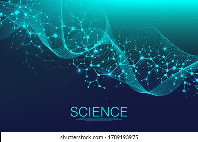 Molecular structure background. Science template wallpaper or banner with a DNA molecules. Asbtract scientific molecule background. Wave flow, innovation pattern. Vector illustration