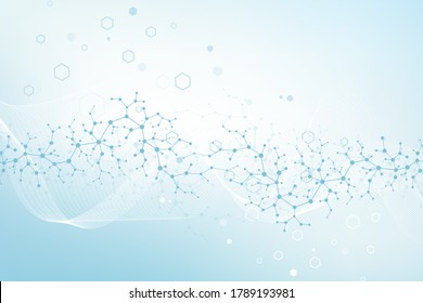 Molecular structure background. Science template wallpaper or banner with a DNA molecules. Asbtract scientific molecule background. Wave flow, innovation pattern. Vector illustration