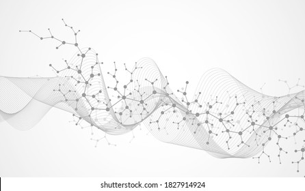 Molecular structure background. Science template wallpaper or banner with a DNA molecules. Asbtract scientific molecule background. Wave flow, innovation pattern. Vector illustration
