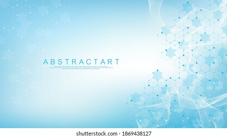 Molecular structure background. Science template wallpaper or banner with a DNA molecules. Asbtract scientific molecule background. Wave flow, innovation pattern. Vector illustration