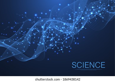 Molecular structure background. Science template wallpaper or banner with a DNA molecules. Asbtract scientific molecule background. Wave flow, innovation pattern. Vector illustration