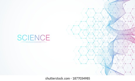 Molecular structure background. Science template wallpaper or banner with a DNA molecules. Asbtract scientific molecule background. Wave flow, innovation pattern. Vector illustration