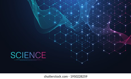 Molecular structure background. Science template wallpaper or banner with a DNA molecules. Asbtract scientific molecule background. Wave flow, innovation pattern. Vector illustration.