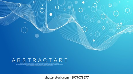 Molecular structure background. Science template wallpaper or banner with a DNA molecules. Asbtract molecule background with hexagons, wave flow. Vector illustration