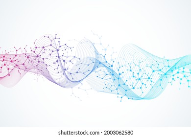 Molecular structure background. Science template wallpaper or banner with a DNA molecules. Asbtract molecule background with hexagons, wave flow. Vector illustration