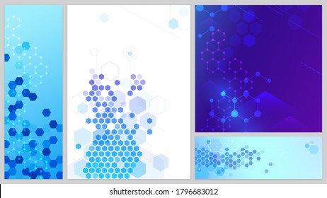 Molecular structure banners set. Connecting lines and dots, hexagons abstract tech background. Science network, medical design for website. Futuristic geometric molecular cells vector illustration