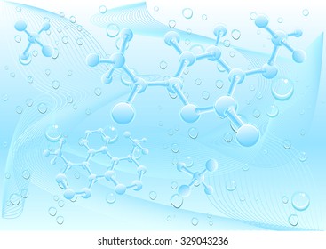 Molecular structure. Blue background. Water aqua. Illustration in vector format