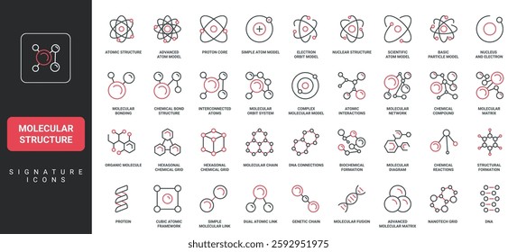 Molecular structure and chain, nucleus and electrons of atom, chemical molecule model line icon set. Science symbol, DNA and protein, vitamin, carbon compound thin black and red vector illustration